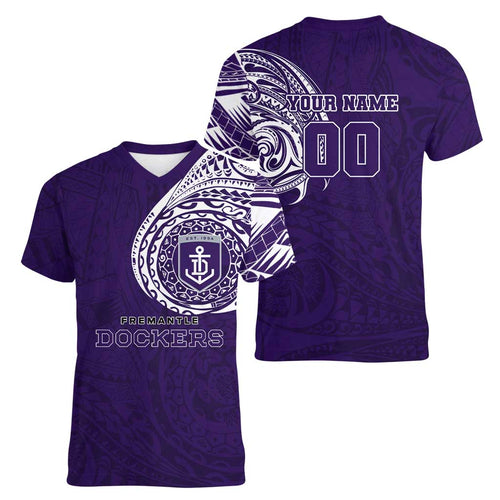Personalized Fremantle Dockers Polynesian Women V-Neck T-Shirt Tribal Chest and Sleeve Tattoo Heritage Warrior