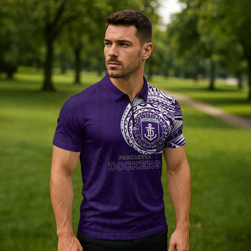 Personalized Fremantle Dockers Polynesian Zipper Polo Shirt Tribal Chest and Sleeve Tattoo Heritage Warrior