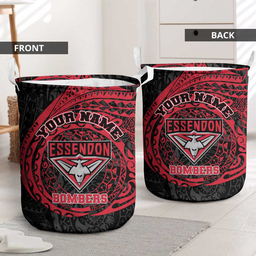 Personalized Essendon Bombers Polynesian Laundry Basket Tribal Chest and Sleeve Tattoo Heritage Warrior