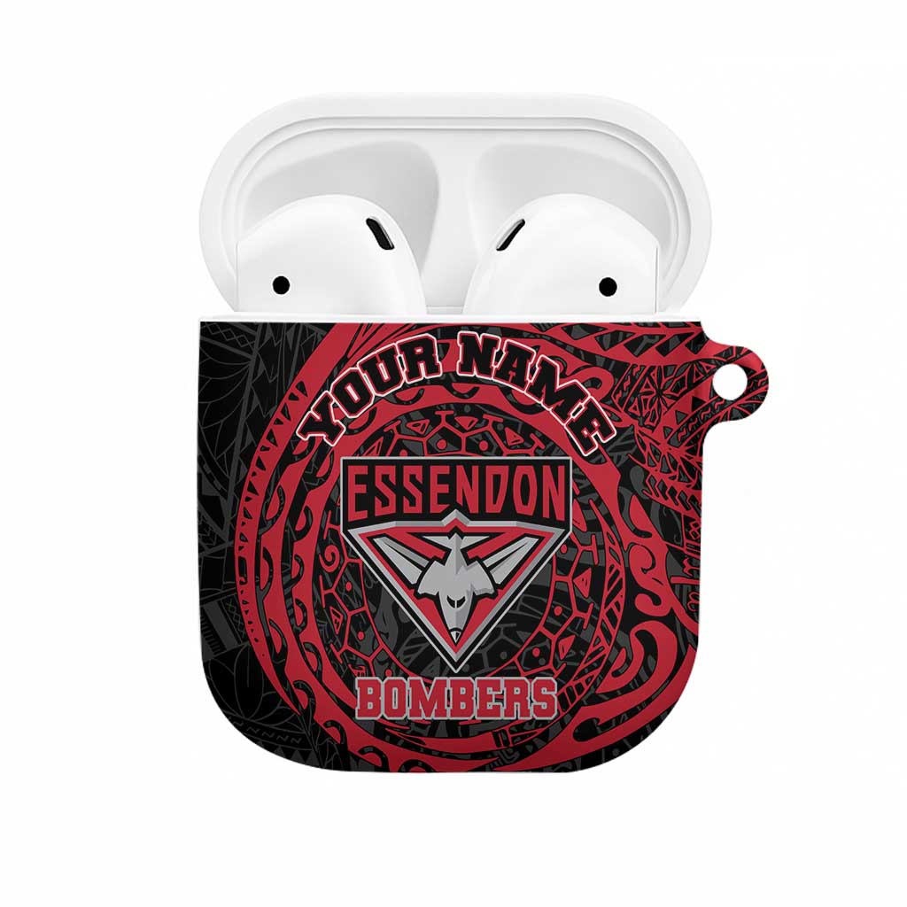 Personalized Essendon Bombers Polynesian AirPods Case Tribal Chest and Sleeve Tattoo Heritage Warrior