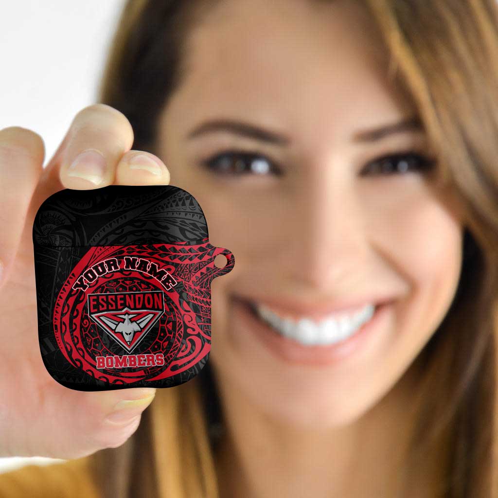 Personalized Essendon Bombers Polynesian AirPods Case Tribal Chest and Sleeve Tattoo Heritage Warrior