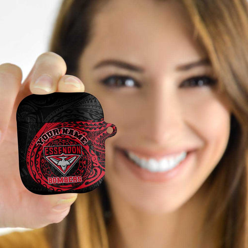 Personalized Essendon Bombers Polynesian AirPods Case Tribal Chest and Sleeve Tattoo Heritage Warrior