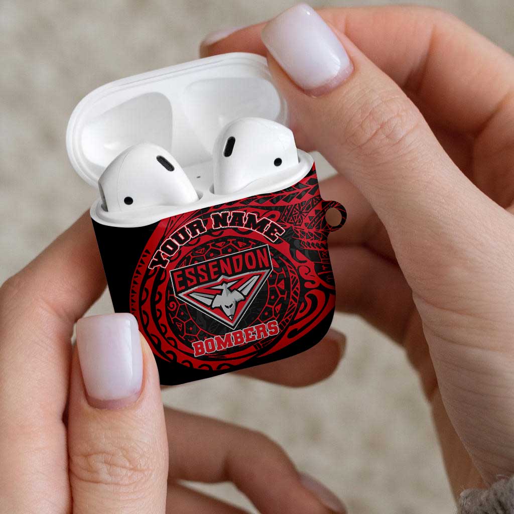 Personalized Essendon Bombers Polynesian AirPods Case Tribal Chest and Sleeve Tattoo Heritage Warrior