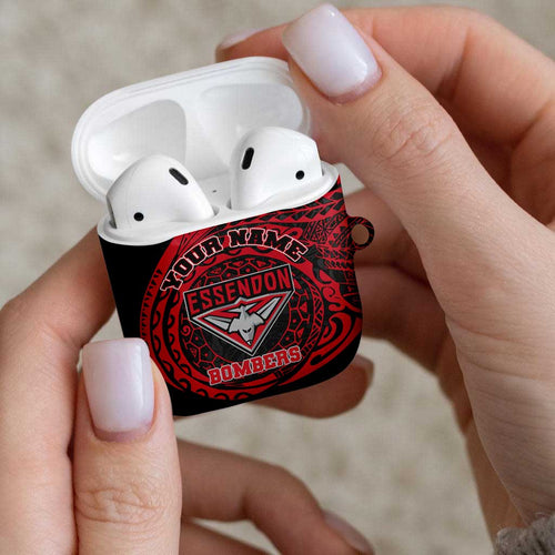 Personalized Essendon Bombers Polynesian AirPods Case Tribal Chest and Sleeve Tattoo Heritage Warrior