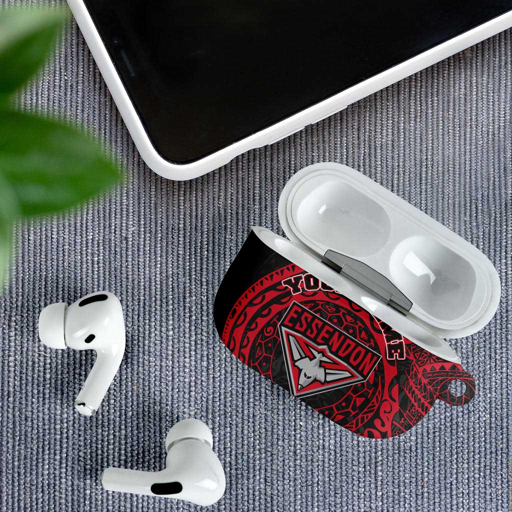 Personalized Essendon Bombers Polynesian AirPods Case Tribal Chest and Sleeve Tattoo Heritage Warrior
