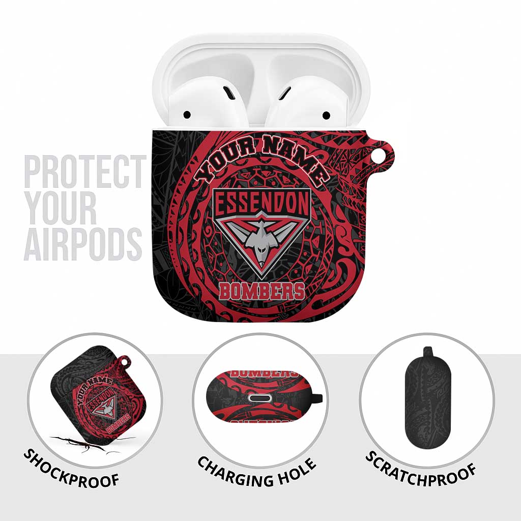Personalized Essendon Bombers Polynesian AirPods Case Tribal Chest and Sleeve Tattoo Heritage Warrior