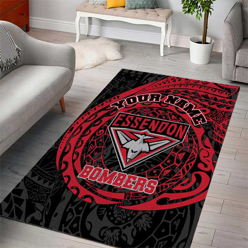 Personalized Essendon Bombers Polynesian Area Rug Tribal Chest and Sleeve Tattoo Heritage Warrior
