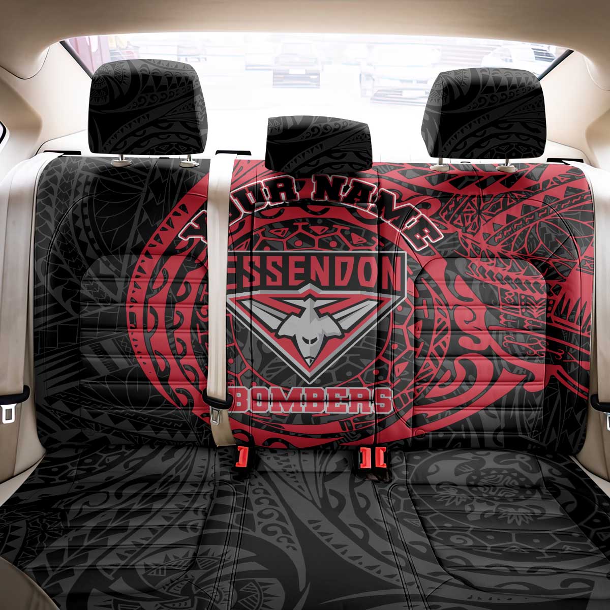 Personalized Essendon Bombers Polynesian Back Car Seat Cover Tribal Chest and Sleeve Tattoo Heritage Warrior