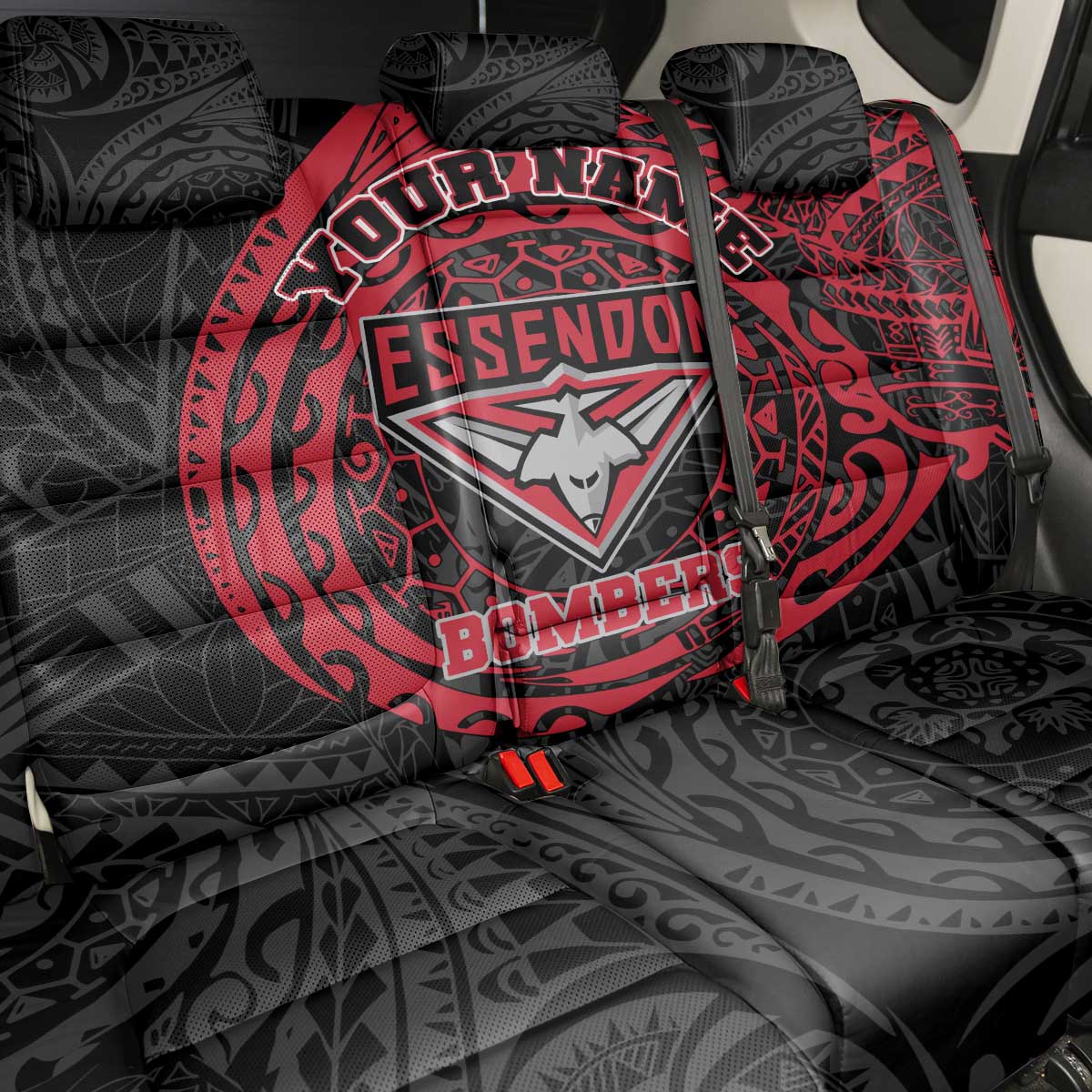Personalized Essendon Bombers Polynesian Back Car Seat Cover Tribal Chest and Sleeve Tattoo Heritage Warrior