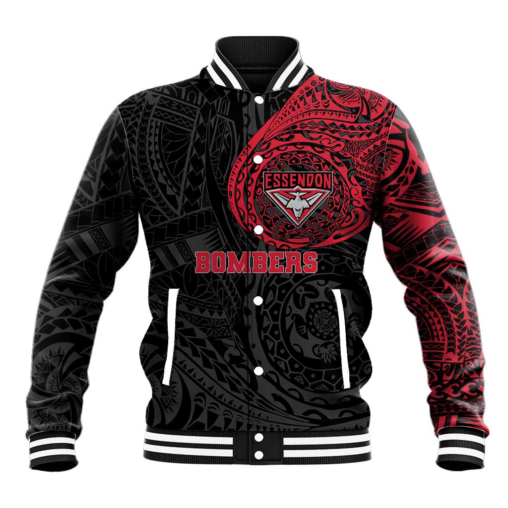 Personalized Essendon Bombers Polynesian Baseball Jacket Tribal Chest and Sleeve Tattoo Heritage Warrior