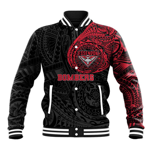 Personalized Essendon Bombers Polynesian Baseball Jacket Tribal Chest and Sleeve Tattoo Heritage Warrior