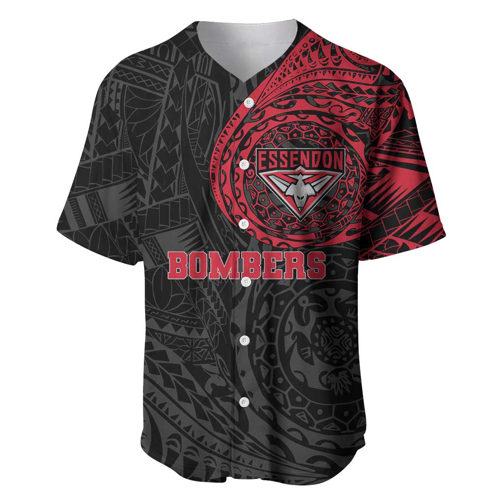Personalized Essendon Bombers Polynesian Baseball Jersey Tribal Chest and Sleeve Tattoo Heritage Warrior