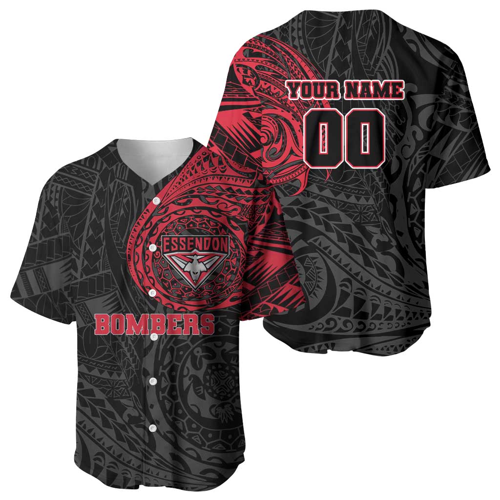Personalized Essendon Bombers Polynesian Baseball Jersey Tribal Chest and Sleeve Tattoo Heritage Warrior