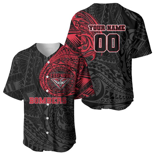 Personalized Essendon Bombers Polynesian Baseball Jersey Tribal Chest and Sleeve Tattoo Heritage Warrior