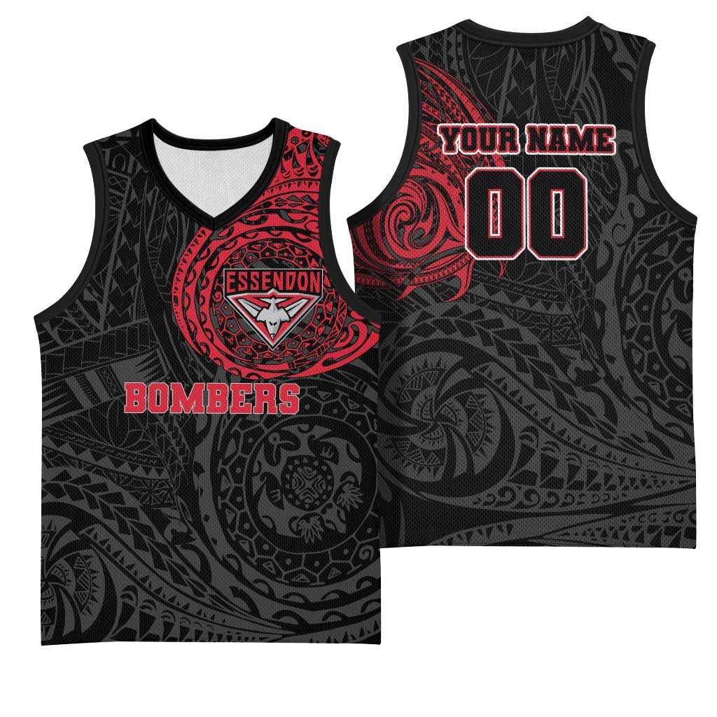 Personalized Essendon Bombers Polynesian Basketball Jersey Tribal Chest and Sleeve Tattoo Heritage Warrior
