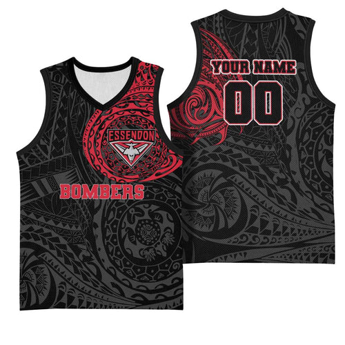 Personalized Essendon Bombers Polynesian Basketball Jersey Tribal Chest and Sleeve Tattoo Heritage Warrior