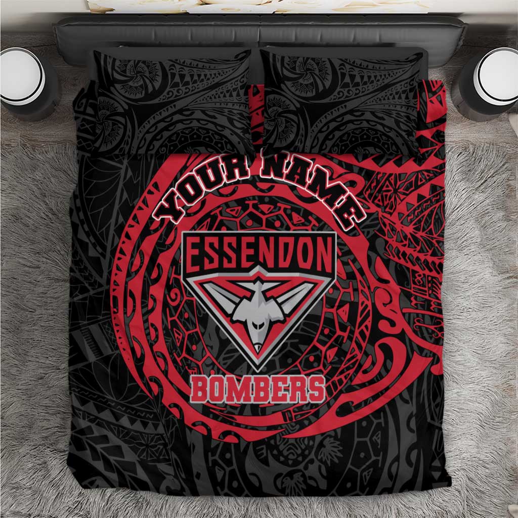 Personalized Essendon Bombers Polynesian Bedding Set Tribal Chest and Sleeve Tattoo Heritage Warrior