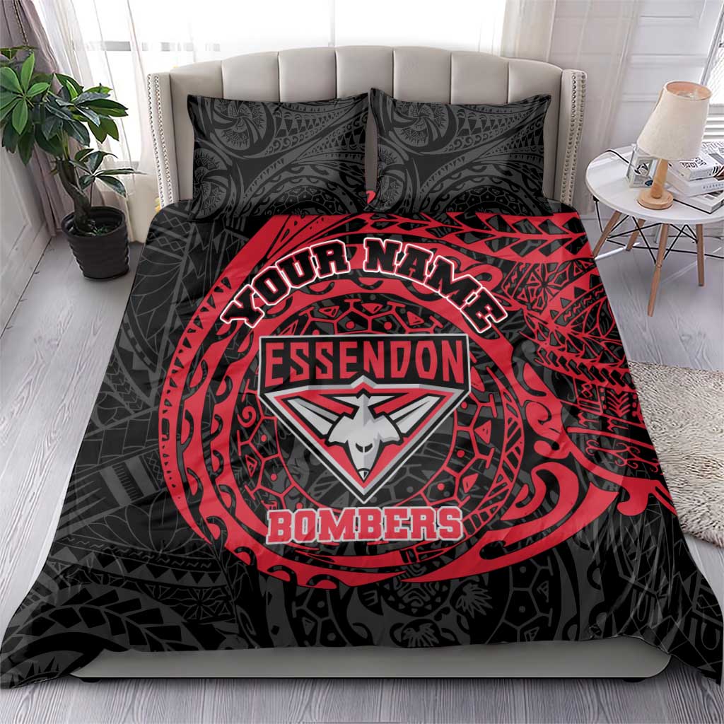 Personalized Essendon Bombers Polynesian Bedding Set Tribal Chest and Sleeve Tattoo Heritage Warrior