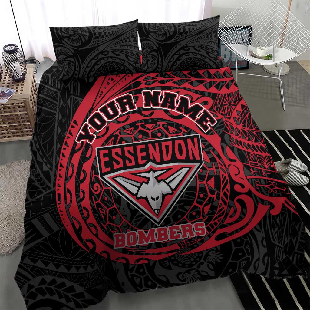 Personalized Essendon Bombers Polynesian Bedding Set Tribal Chest and Sleeve Tattoo Heritage Warrior