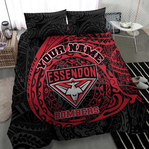 Personalized Essendon Bombers Polynesian Bedding Set Tribal Chest and Sleeve Tattoo Heritage Warrior