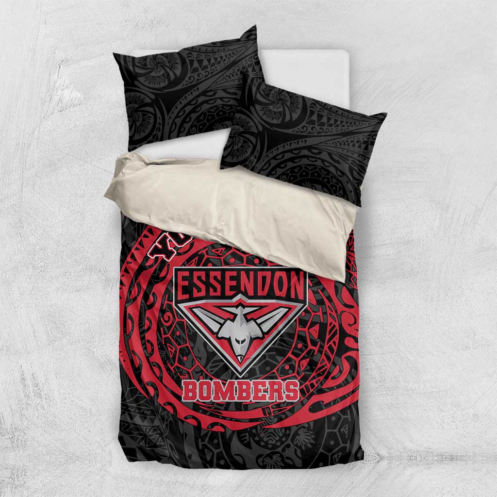 Personalized Essendon Bombers Polynesian Bedding Set Tribal Chest and Sleeve Tattoo Heritage Warrior