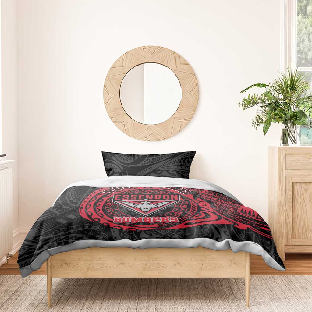 Personalized Essendon Bombers Polynesian Bedding Set Tribal Chest and Sleeve Tattoo Heritage Warrior