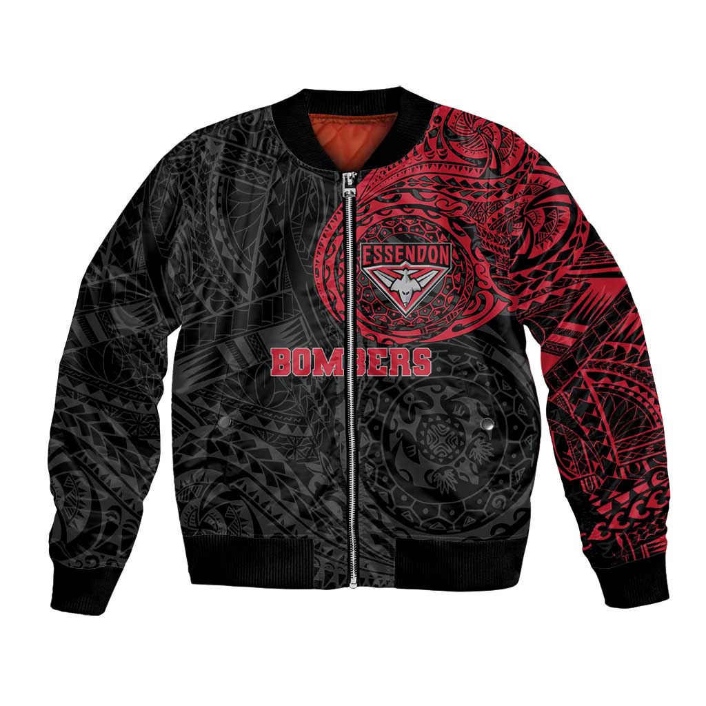 Personalized Essendon Bombers Polynesian Bomber Jacket Tribal Chest and Sleeve Tattoo Heritage Warrior
