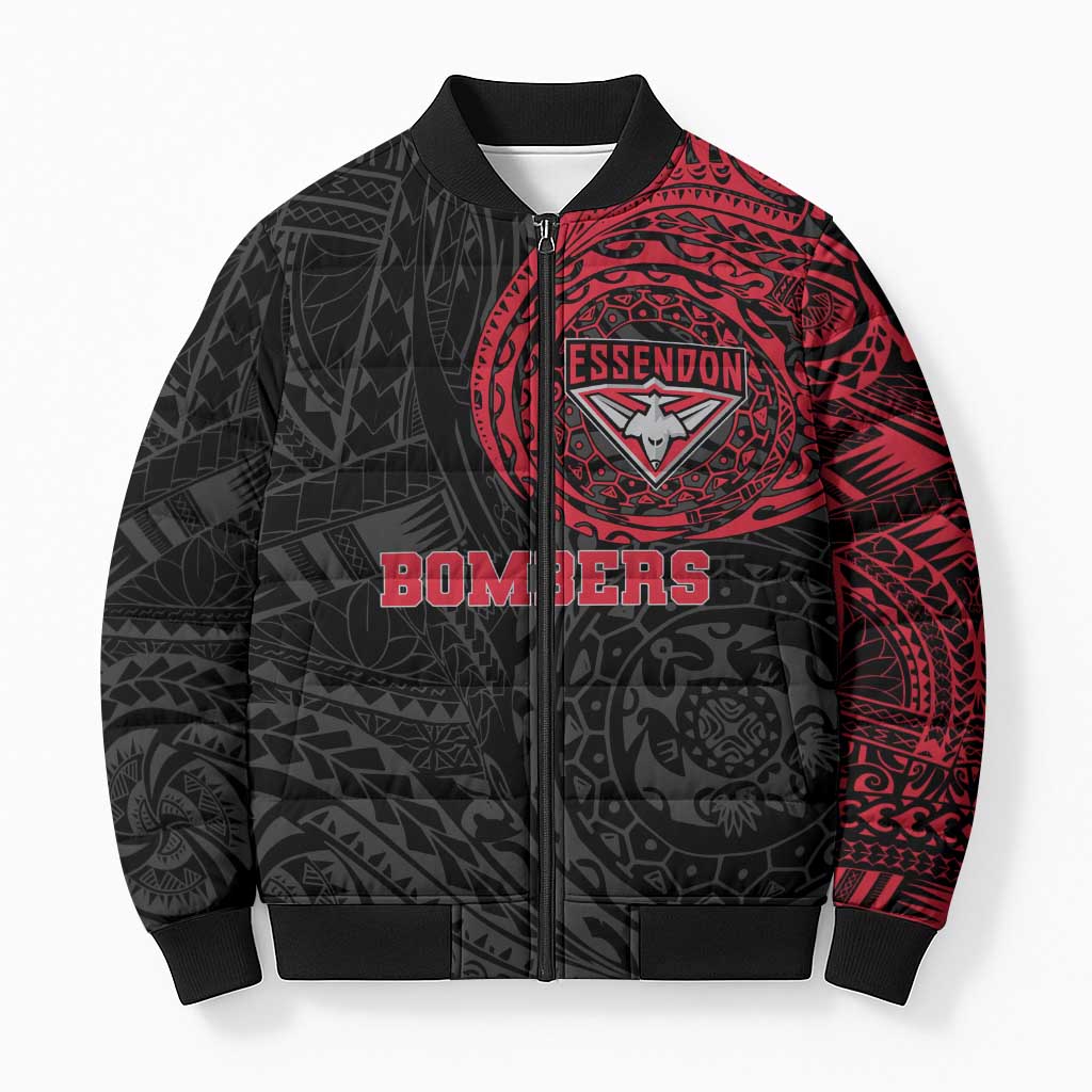 Personalized Essendon Bombers Polynesian Bomber Puffer Jacket Tribal Chest and Sleeve Tattoo Heritage Warrior