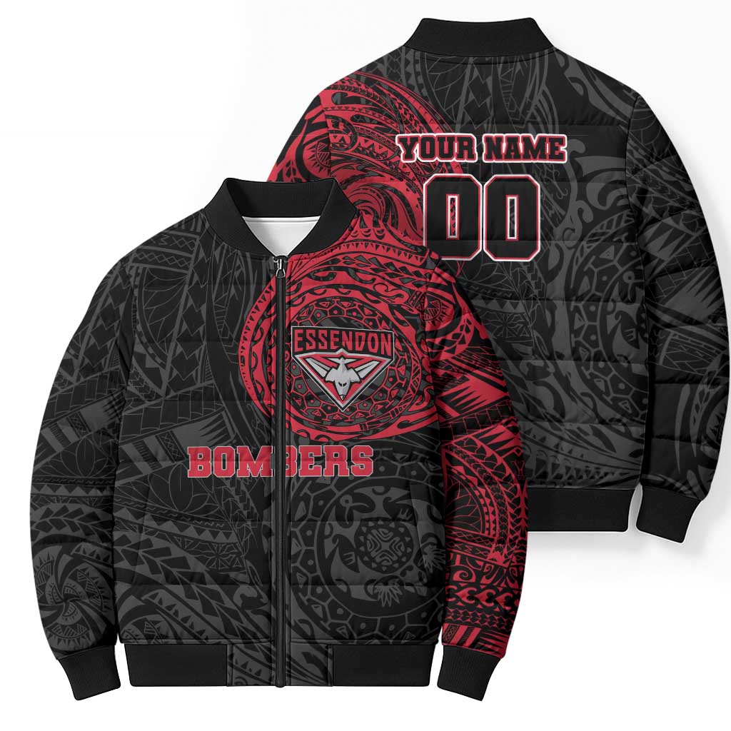 Personalized Essendon Bombers Polynesian Bomber Puffer Jacket Tribal Chest and Sleeve Tattoo Heritage Warrior