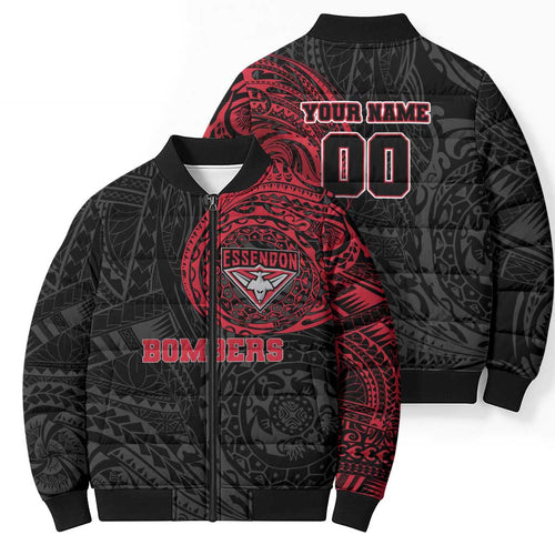Personalized Essendon Bombers Polynesian Bomber Puffer Jacket Tribal Chest and Sleeve Tattoo Heritage Warrior