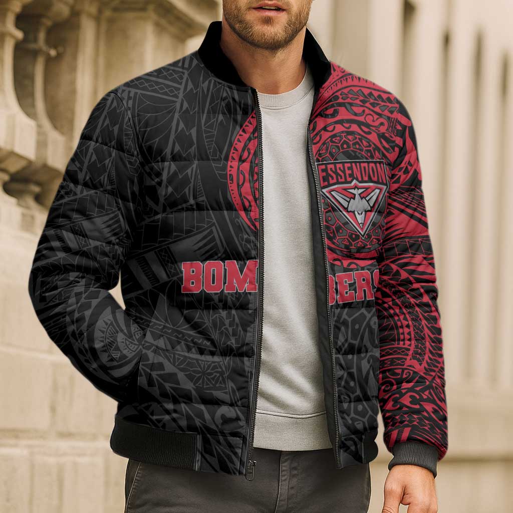 Personalized Essendon Bombers Polynesian Bomber Puffer Jacket Tribal Chest and Sleeve Tattoo Heritage Warrior