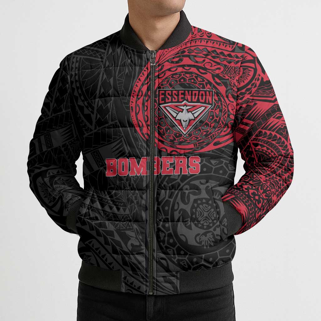 Personalized Essendon Bombers Polynesian Bomber Puffer Jacket Tribal Chest and Sleeve Tattoo Heritage Warrior