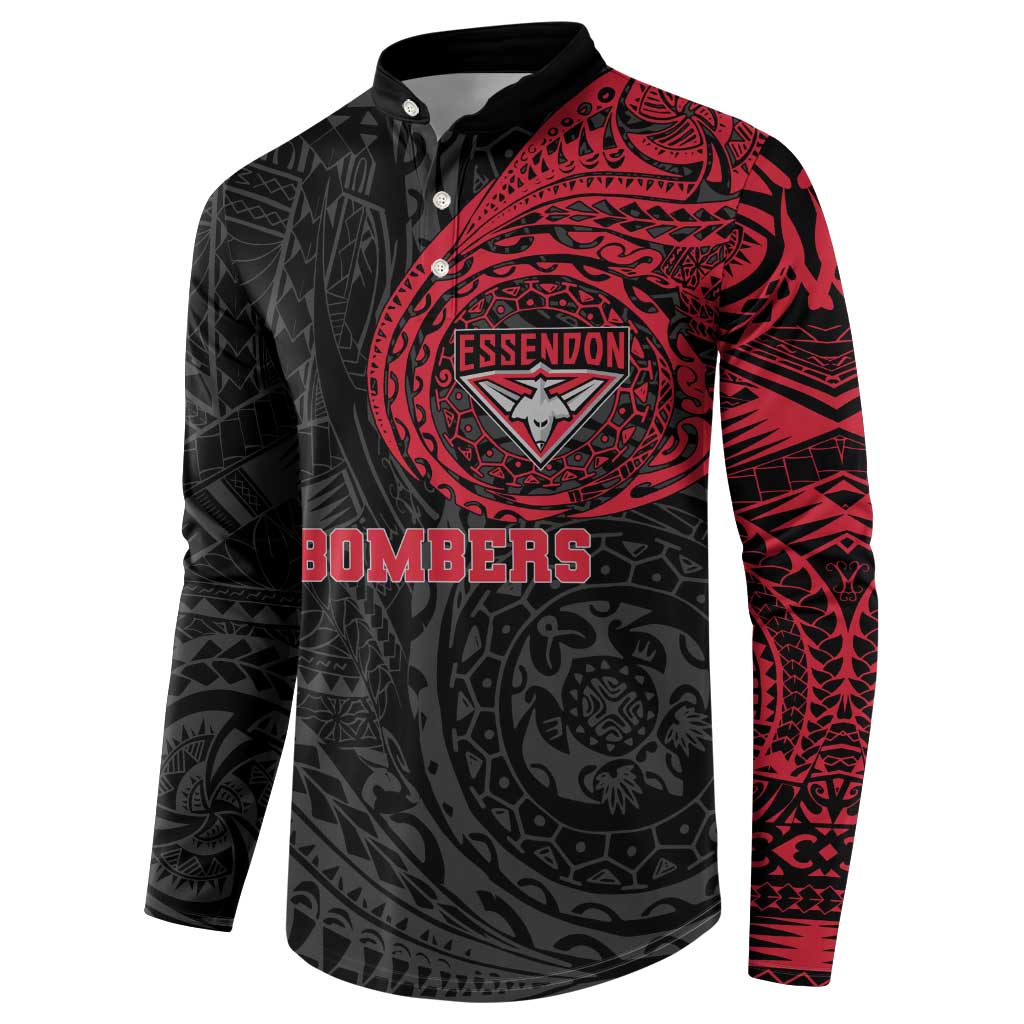 Personalized Essendon Bombers Polynesian Button Sweatshirt Tribal Chest and Sleeve Tattoo Heritage Warrior