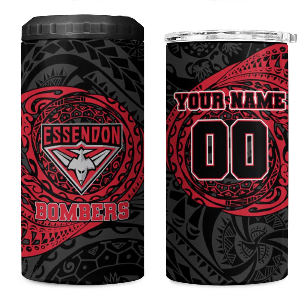 Personalized Essendon Bombers Polynesian 4 in 1 Can Cooler Tumbler Tribal Chest and Sleeve Tattoo Heritage Warrior