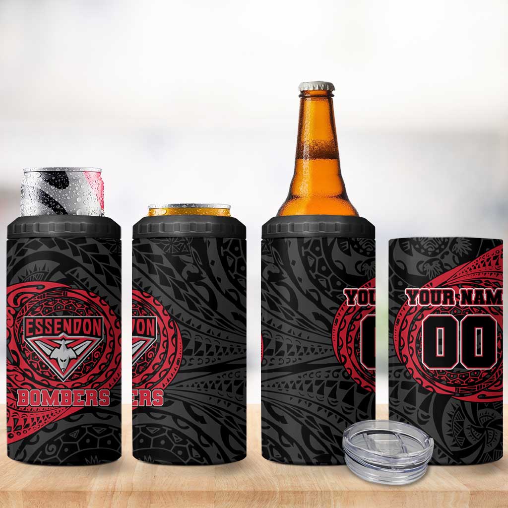 Personalized Essendon Bombers Polynesian 4 in 1 Can Cooler Tumbler Tribal Chest and Sleeve Tattoo Heritage Warrior