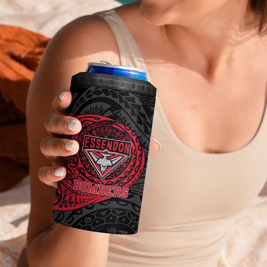 Personalized Essendon Bombers Polynesian 4 in 1 Can Cooler Tumbler Tribal Chest and Sleeve Tattoo Heritage Warrior