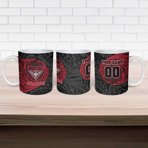 Personalized Essendon Bombers Polynesian Ceramic Mug Tribal Chest and Sleeve Tattoo Heritage Warrior