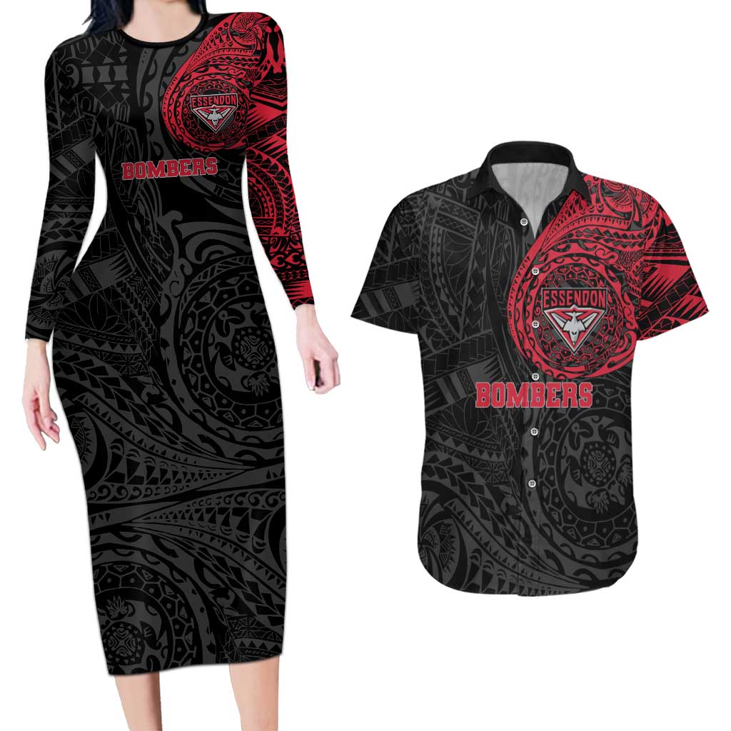 Personalized Essendon Bombers Polynesian Couples Matching Long Sleeve Bodycon Dress and Hawaiian Shirt Tribal Chest and Sleeve Tattoo Heritage Warrior
