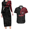 Personalized Essendon Bombers Polynesian Couples Matching Long Sleeve Bodycon Dress and Hawaiian Shirt Tribal Chest and Sleeve Tattoo Heritage Warrior