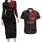 Personalized Essendon Bombers Polynesian Couples Matching Long Sleeve Bodycon Dress and Hawaiian Shirt Tribal Chest and Sleeve Tattoo Heritage Warrior