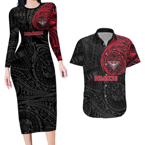 Personalized Essendon Bombers Polynesian Couples Matching Long Sleeve Bodycon Dress and Hawaiian Shirt Tribal Chest and Sleeve Tattoo Heritage Warrior