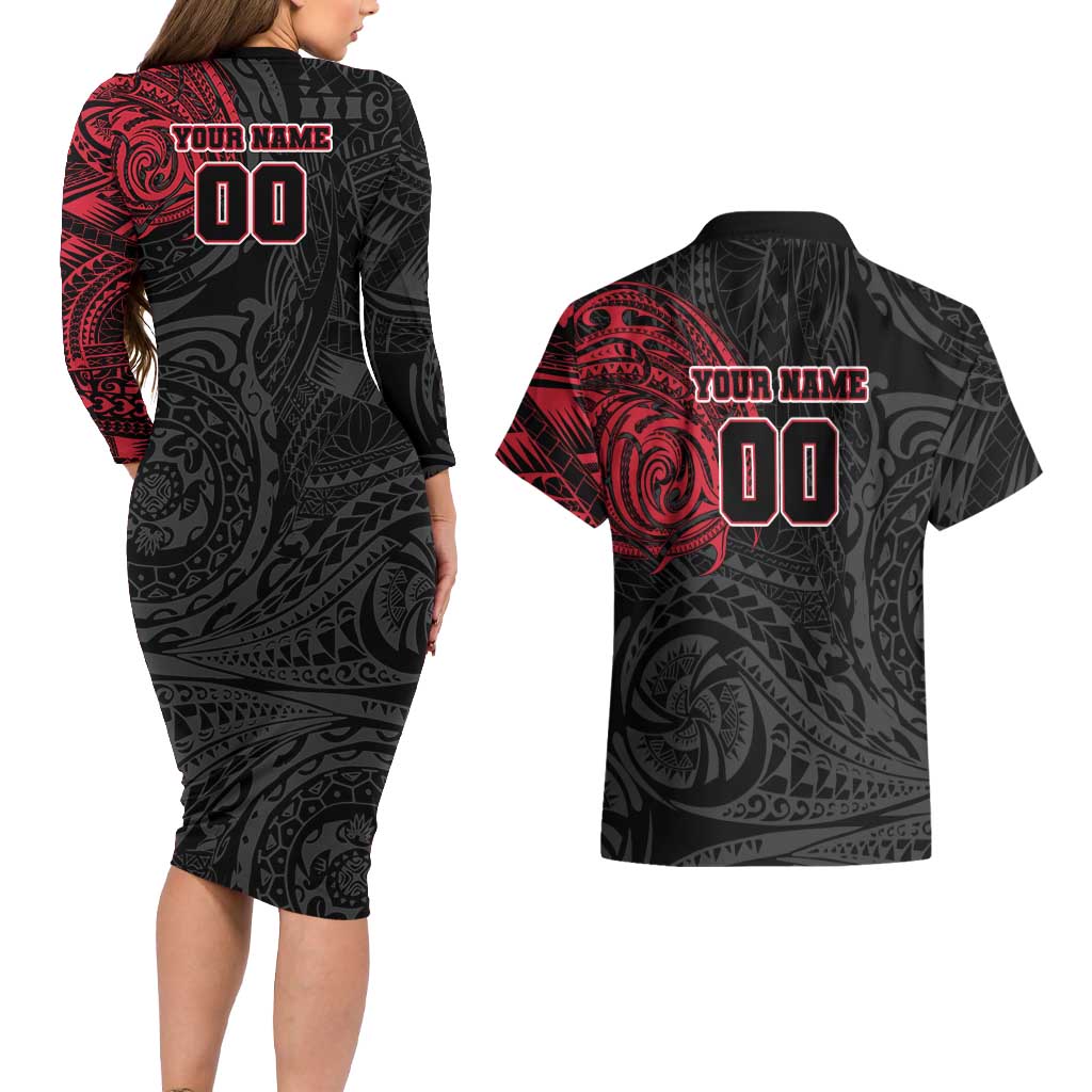 Personalized Essendon Bombers Polynesian Couples Matching Long Sleeve Bodycon Dress and Hawaiian Shirt Tribal Chest and Sleeve Tattoo Heritage Warrior