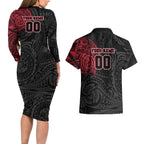 Personalized Essendon Bombers Polynesian Couples Matching Long Sleeve Bodycon Dress and Hawaiian Shirt Tribal Chest and Sleeve Tattoo Heritage Warrior