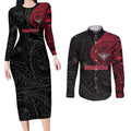 Personalized Essendon Bombers Polynesian Couples Matching Long Sleeve Bodycon Dress and Long Sleeve Button Shirt Tribal Chest and Sleeve Tattoo Heritage Warrior