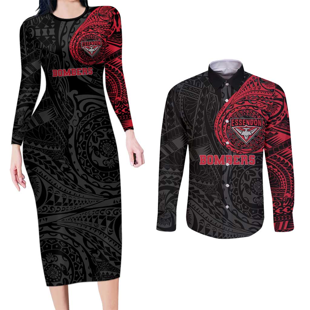 Personalized Essendon Bombers Polynesian Couples Matching Long Sleeve Bodycon Dress and Long Sleeve Button Shirt Tribal Chest and Sleeve Tattoo Heritage Warrior