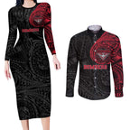 Personalized Essendon Bombers Polynesian Couples Matching Long Sleeve Bodycon Dress and Long Sleeve Button Shirt Tribal Chest and Sleeve Tattoo Heritage Warrior