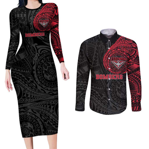 Personalized Essendon Bombers Polynesian Couples Matching Long Sleeve Bodycon Dress and Long Sleeve Button Shirt Tribal Chest and Sleeve Tattoo Heritage Warrior