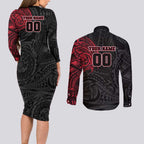 Personalized Essendon Bombers Polynesian Couples Matching Long Sleeve Bodycon Dress and Long Sleeve Button Shirt Tribal Chest and Sleeve Tattoo Heritage Warrior