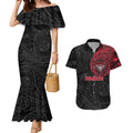 Personalized Essendon Bombers Polynesian Couples Matching Mermaid Dress and Hawaiian Shirt Tribal Chest and Sleeve Tattoo Heritage Warrior