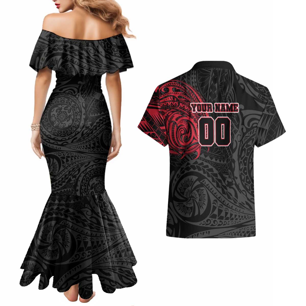 Personalized Essendon Bombers Polynesian Couples Matching Mermaid Dress and Hawaiian Shirt Tribal Chest and Sleeve Tattoo Heritage Warrior